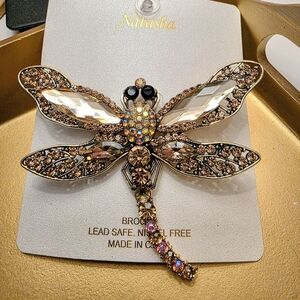 Natasha Couture Dragonfly Brooch in Gold and Brown